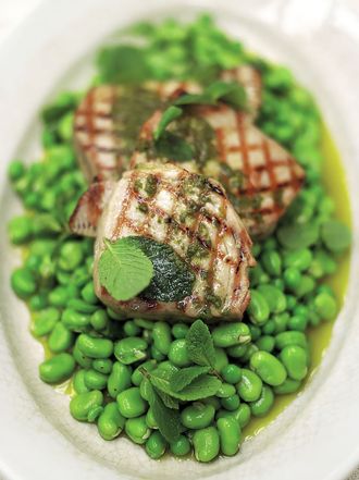 Chargrilled tuna with oregano oil and beautifully dressed peas and broad beans
