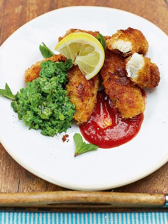 Kerryann’s homemade fish fingers & minty smashed peas
