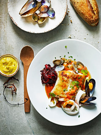 Seafood stew with saffron mayo & pepper marmalade