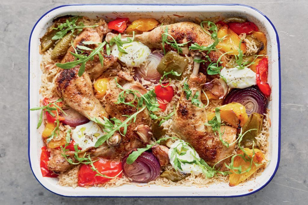 Chicken with peppers, onions, rice and herbs