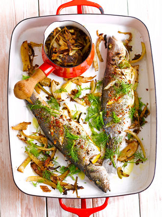 Spiced sea bass with caramelised fennel