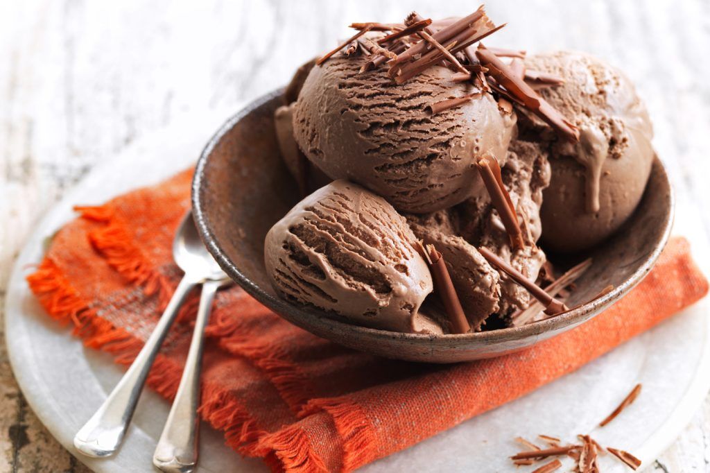 ice-cream recipes - chocolate ice cream in a bowl with two spoons on the side