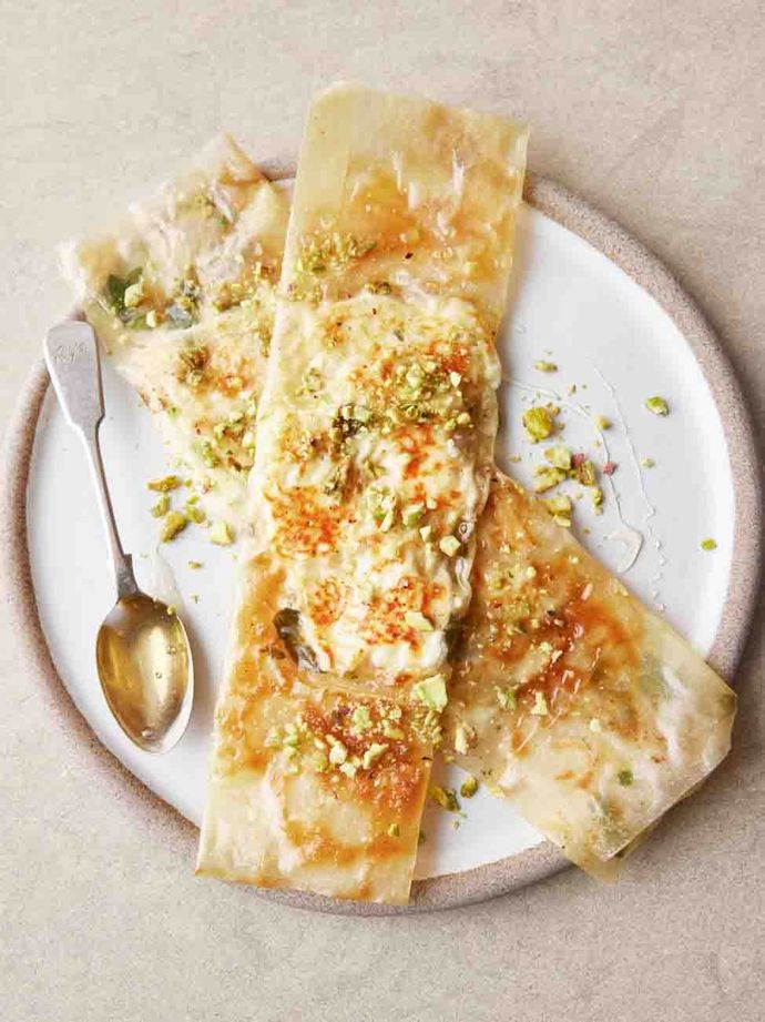 Filo pastry rectangles with feta and crushed nuts
