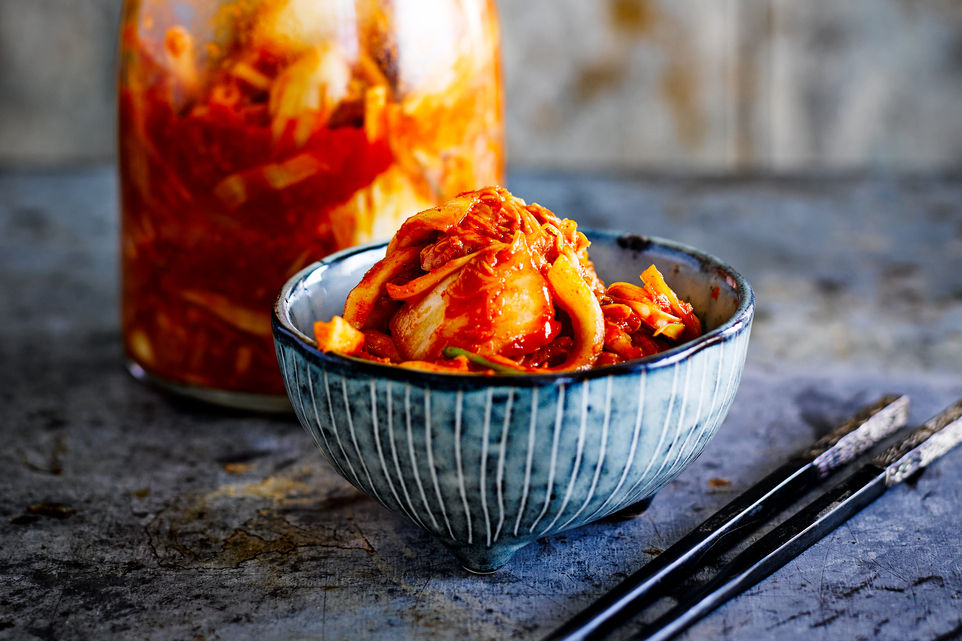 homemade kimchi in a bowl; great for gut health